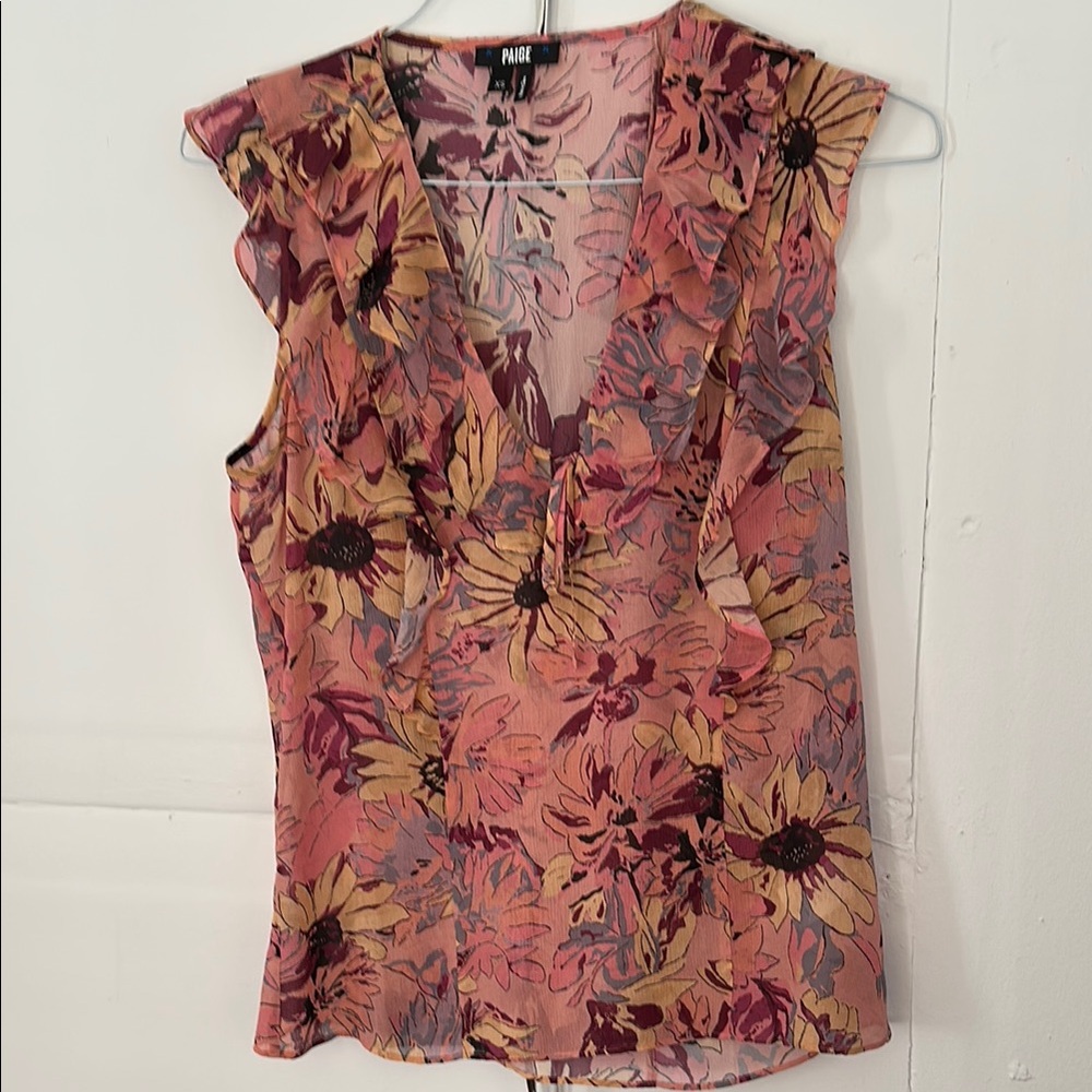 PAIGE Pink Sleeveless Fitted Ruffled Blouse